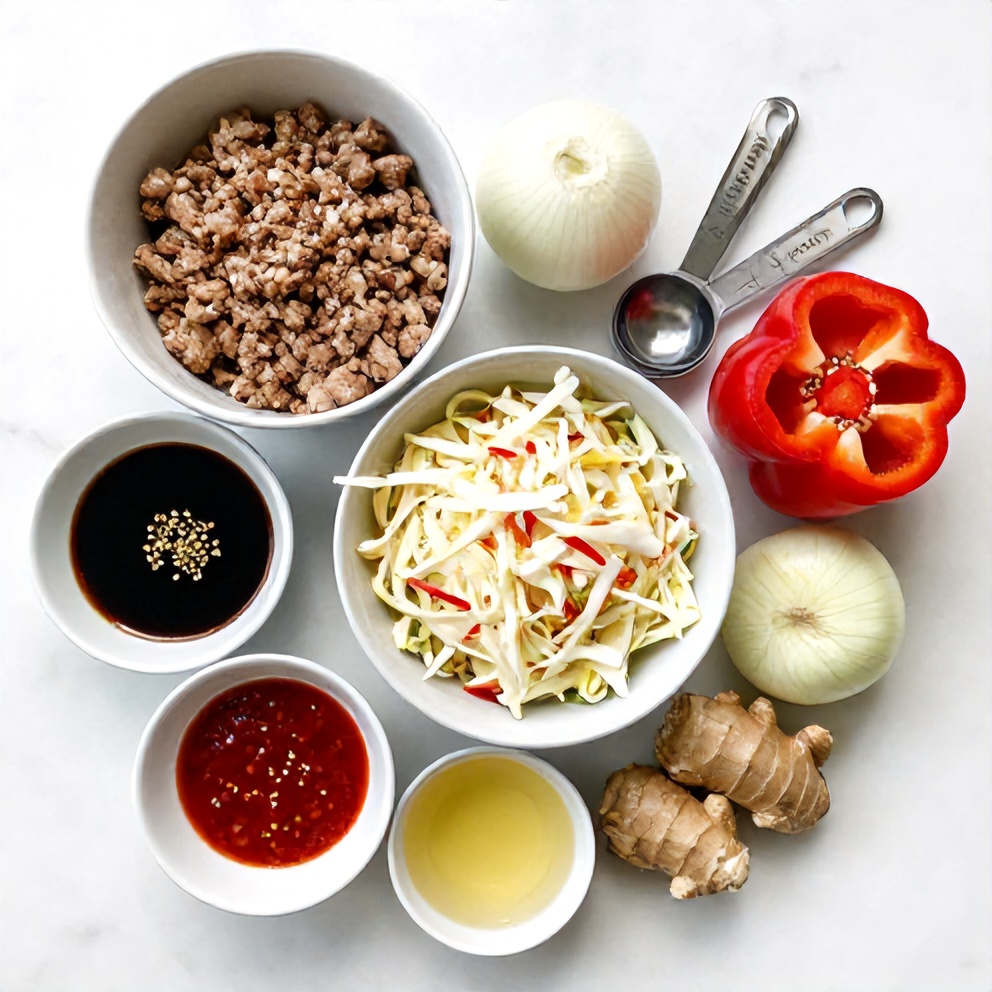 Ingredients for Keto Egg Roll in a Bowl laid out