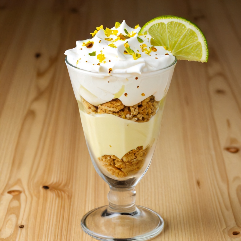 A beautifully layered Key Lime Pie Trifle in a glass dish, garnished with lime zest and a lime slice