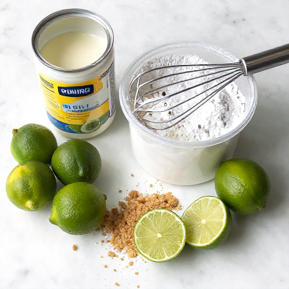 Graham cracker crumbs, key limes, sweetened condensed milk, heavy cream, powdered sugar, and a whisk arranged on a marble surface