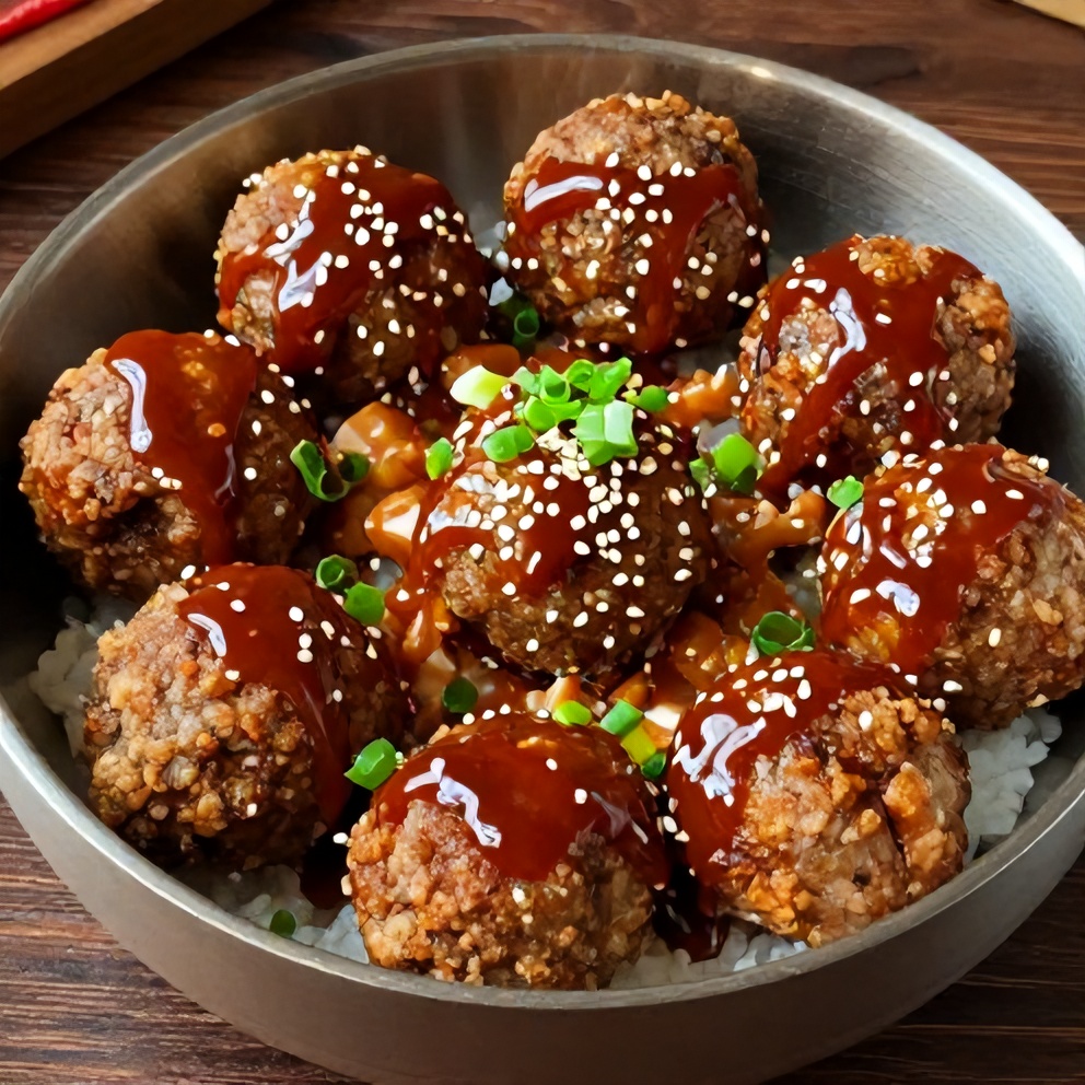 Finished Korean BBQ meatball rice bowl