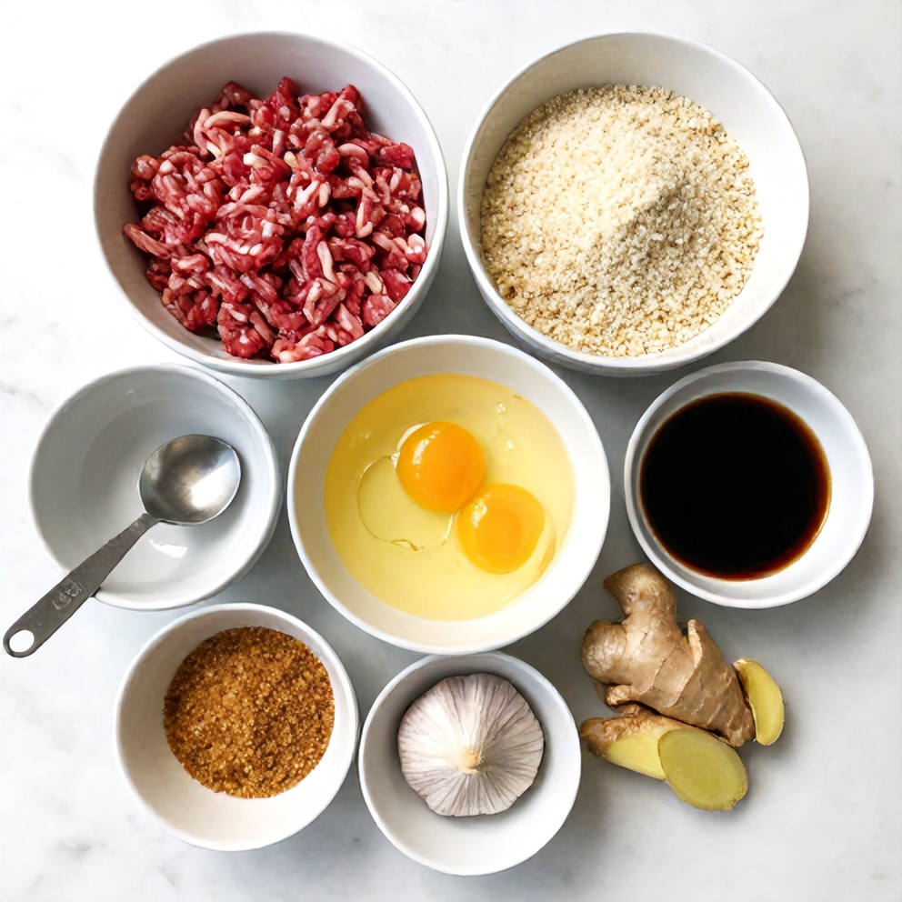 Raw ingredients for Korean BBQ meatball rice bowls
