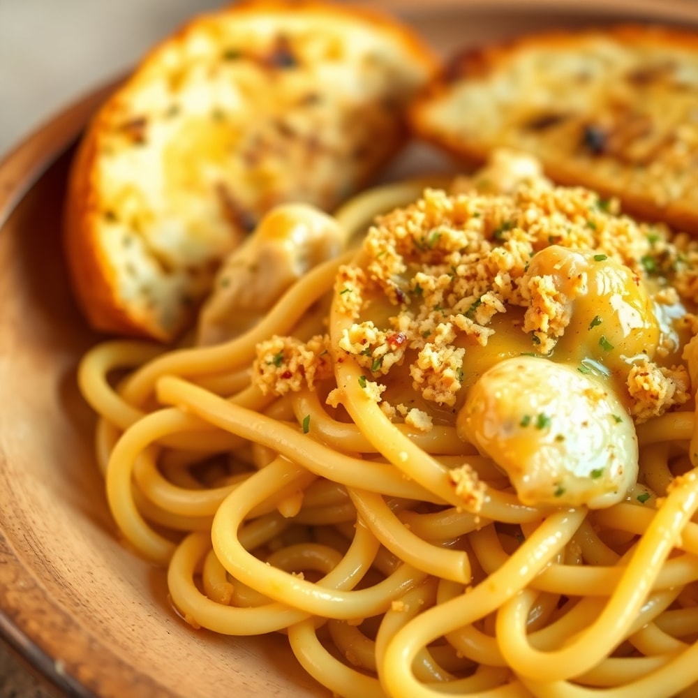 Plated serving of Easy Lemon Chicken Pasta with a side of garlic bread