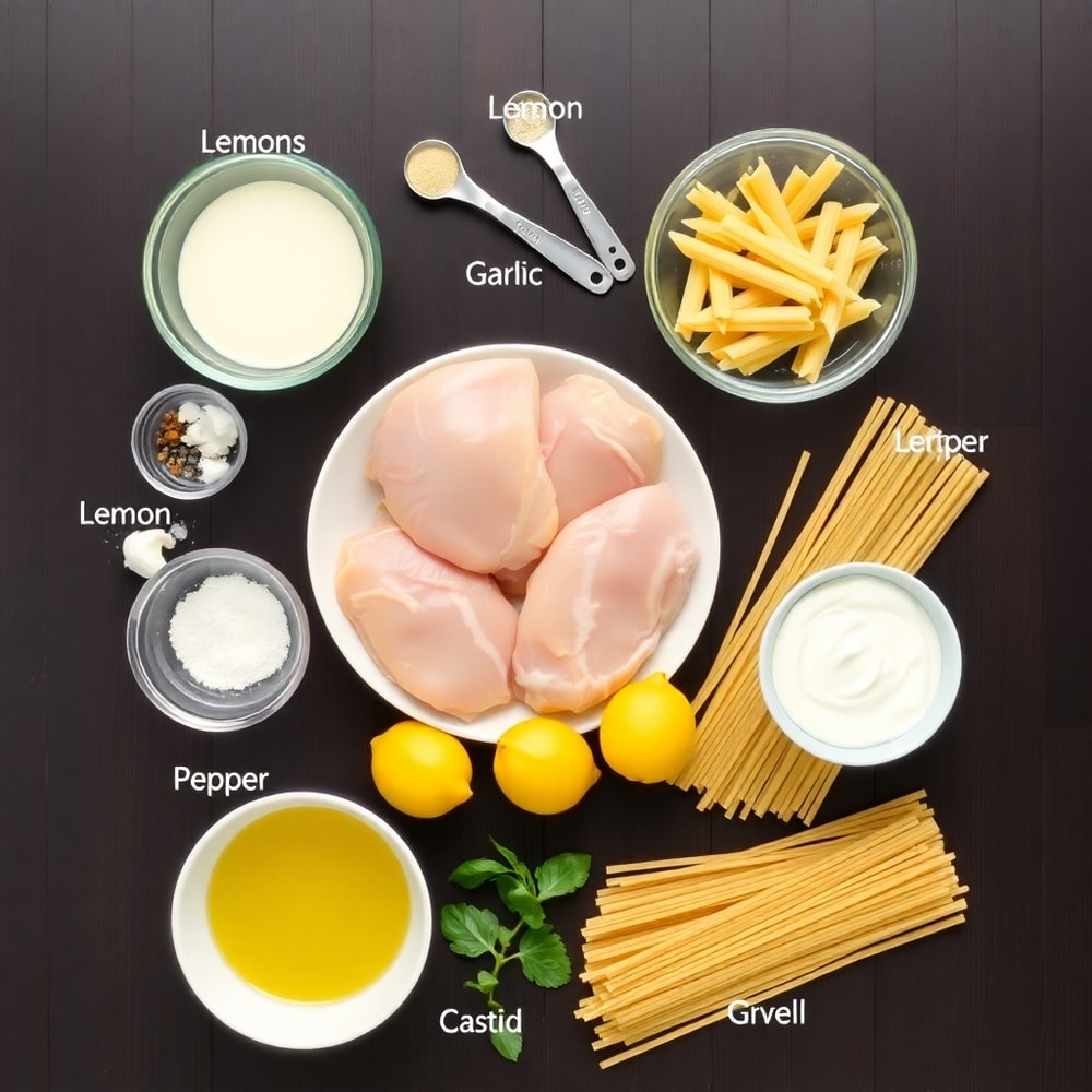 Raw ingredients for Easy Lemon Chicken Pasta laid out on a wooden surface