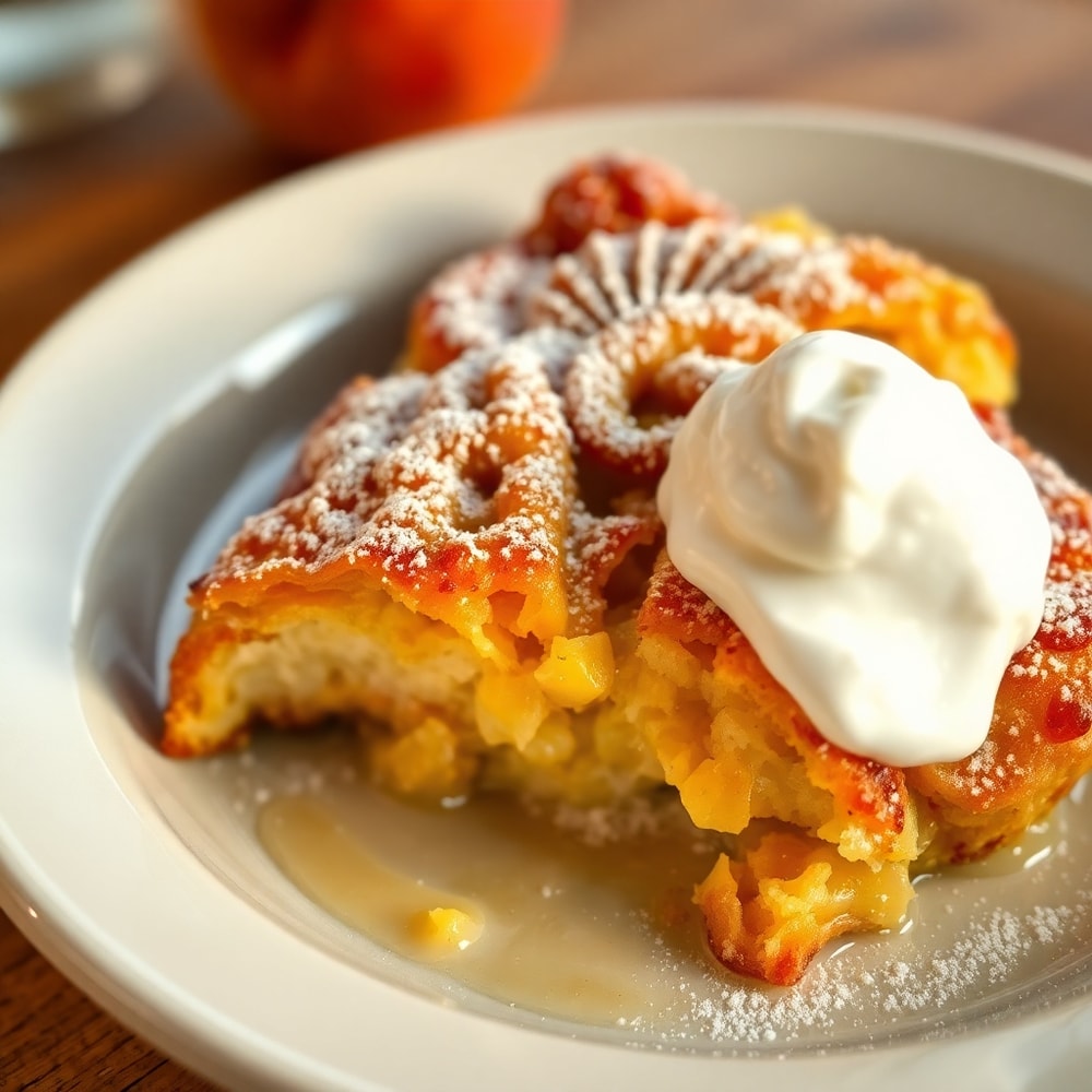Plated serving of Peach Cobbler French Toast Bake with a dusting of powdered sugar