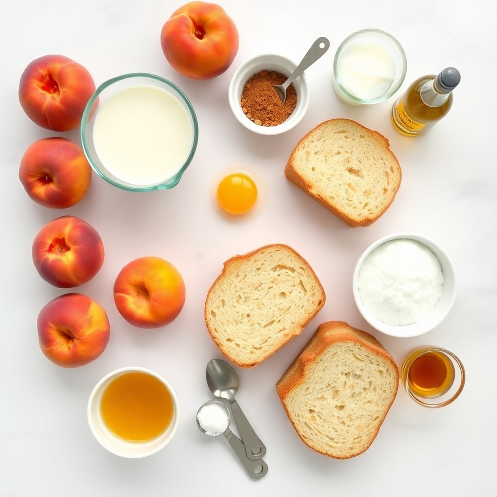 Raw ingredients for Peach Cobbler French Toast Bake including peaches, bread, and cinnamon