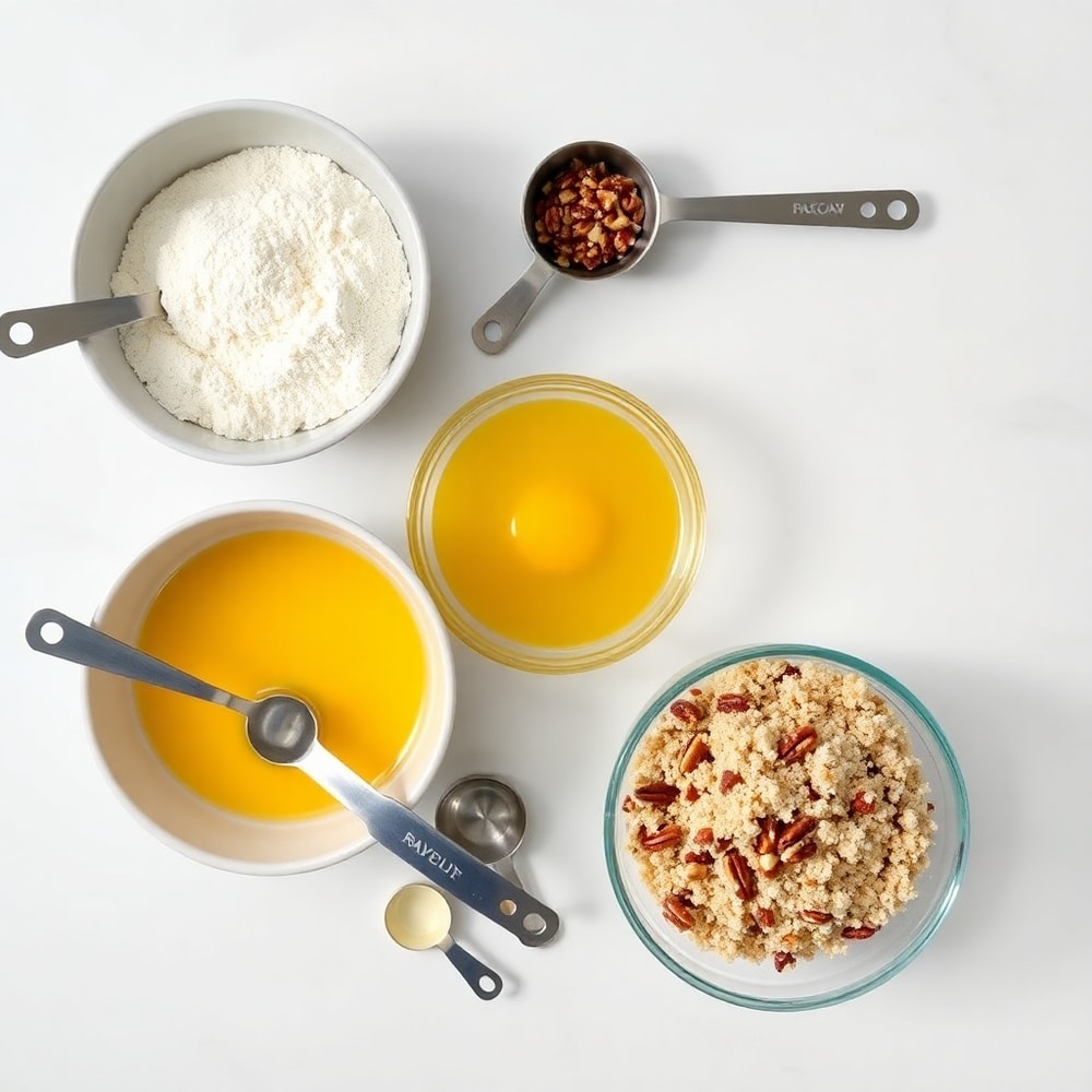 Raw ingredients for Pecan Crunch Glazed Bites in a flat lay
