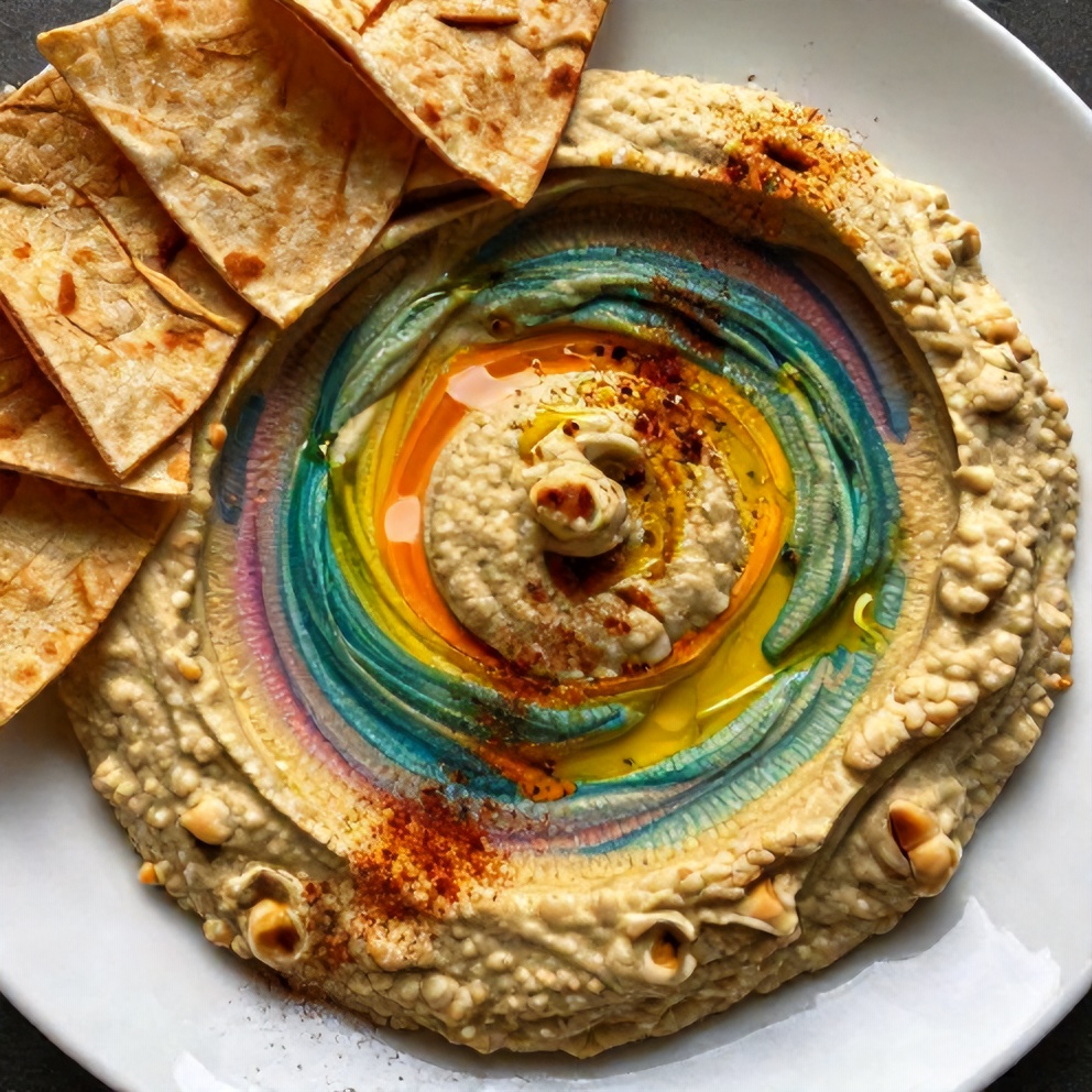 Rainbow hummus swirled on a white plate with pita chips