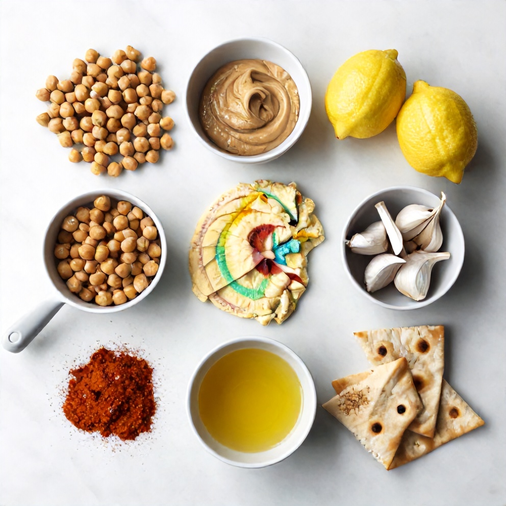 Chickpeas, tahini, lemon, garlic, paprika, cumin, olive oil, and pita chips on a white marble surface