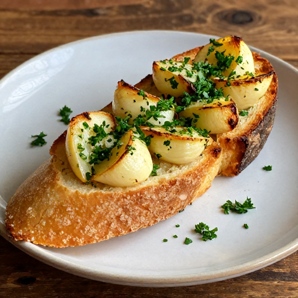 Garlic bread with roasted garlic cloves and parsley