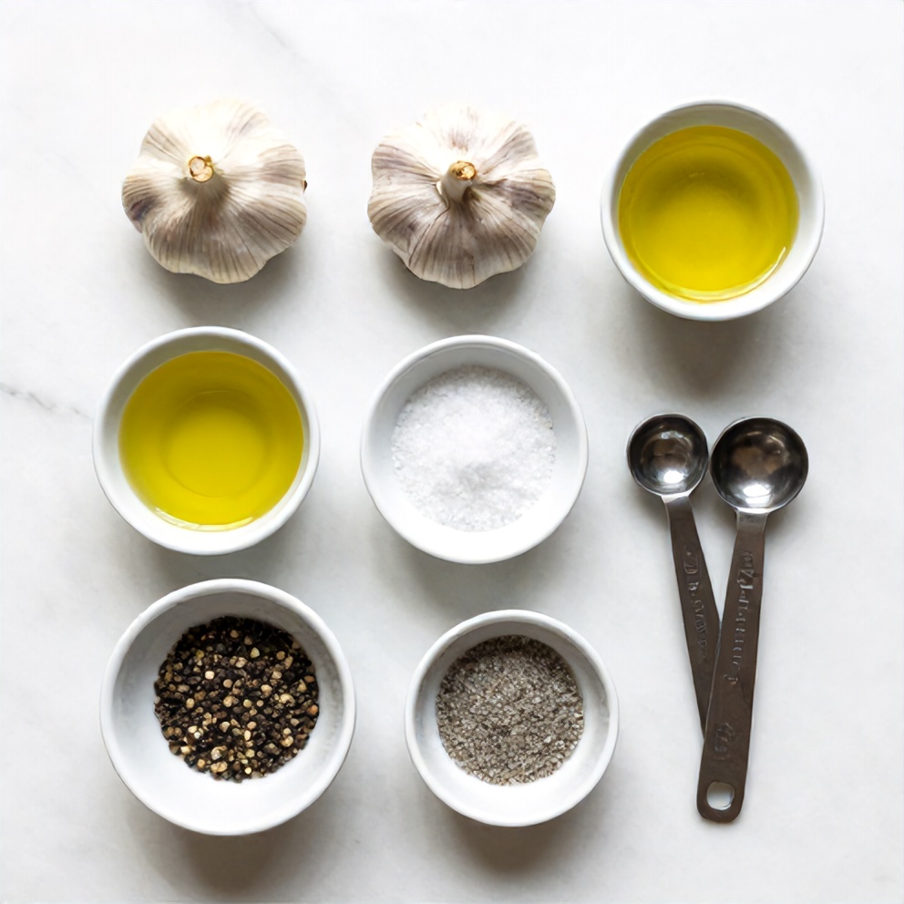 Garlic bulbs, olive oil, salt, and pepper arranged on a marble surface