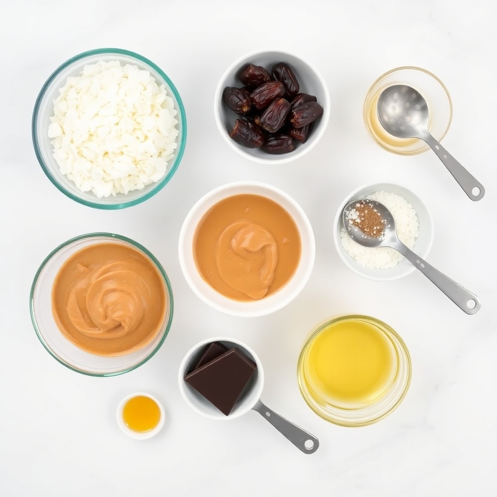Ingredients for Samoa Truffles: coconut, dates, almond butter, honey, dark chocolate, coconut flakes