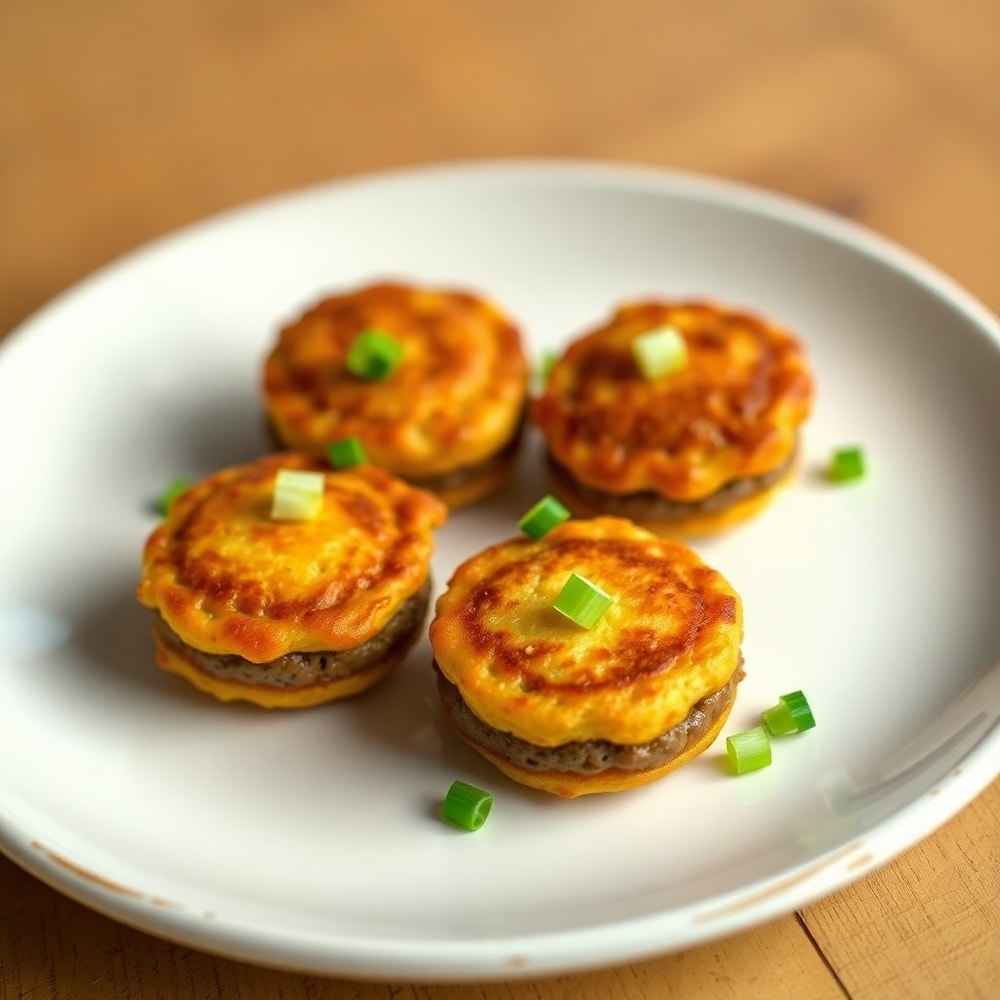 Plated Sausage Pancake Bites with green onions