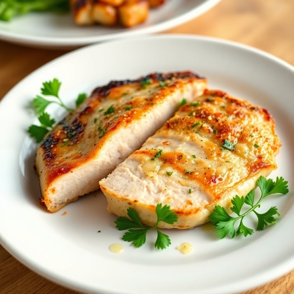 Plated sheet pan lemon garlic pork chops with fresh parsley