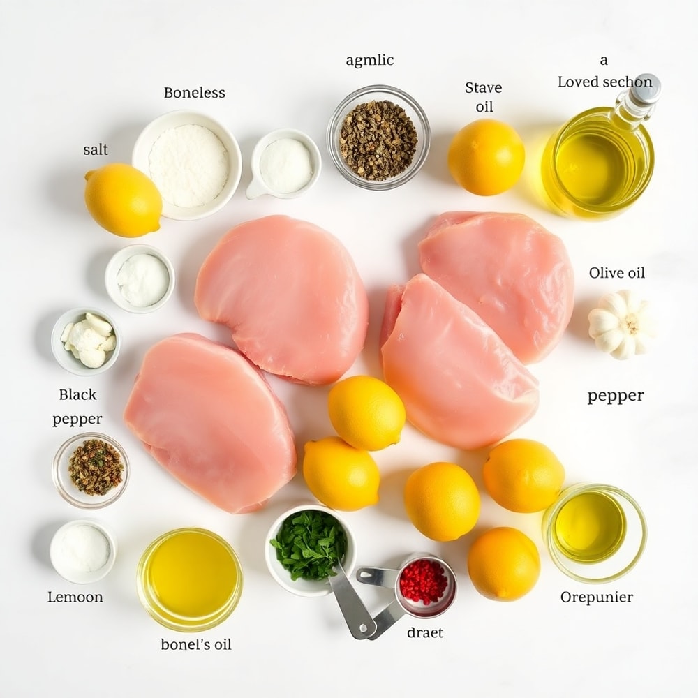 Raw ingredients for sheet pan lemon garlic pork chops on a marble surface