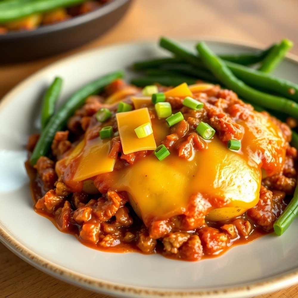 Plated serving of Sloppy Joe Potato Skillet with a side of green beans