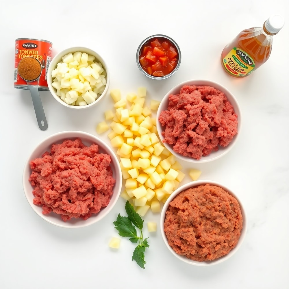 Overhead flat lay of potatoes, ground beef, onion, canned tomatoes, and seasonings
