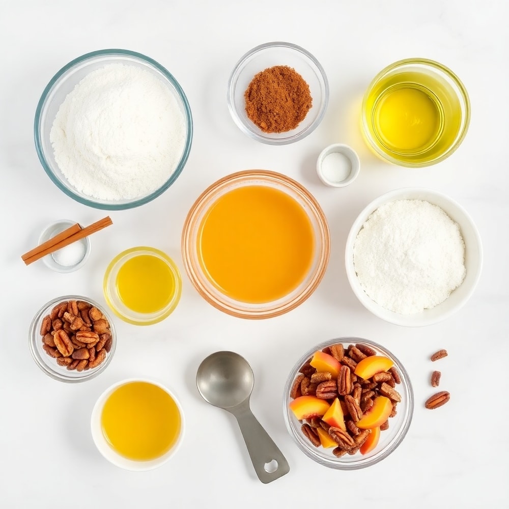 Ingredients for Easy Spiced Peach Bread on a marble counter