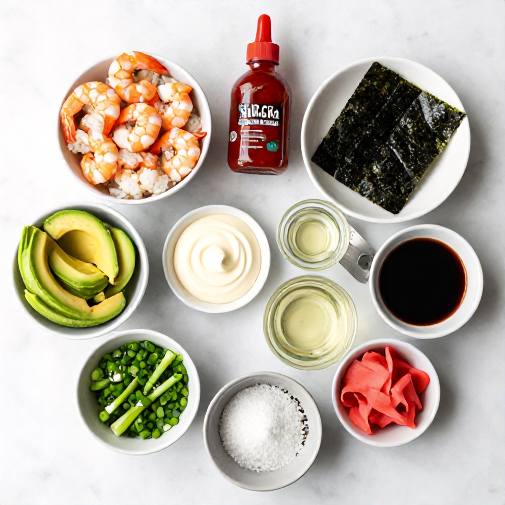 Overhead shot of ingredients for Easy Spicy Shrimp Sushi Stacks on a white marble surface