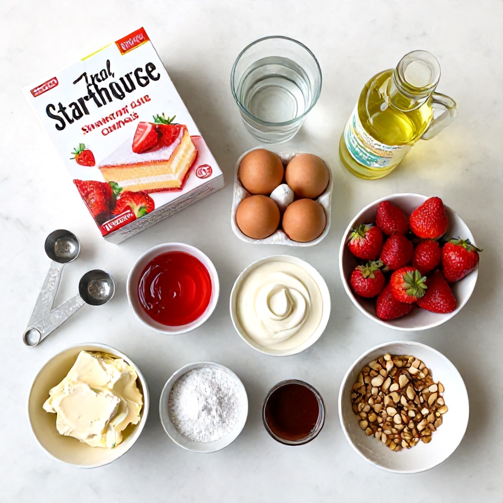 Strawberry Earthquake Cake ingredients on a marble counter