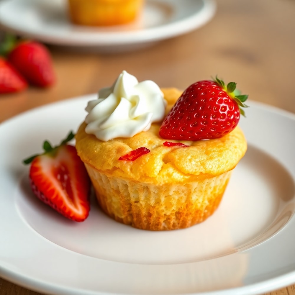 Strawberry Shortcake Muffin with a dollop of whipped cream and a fresh strawberry on a white plate
