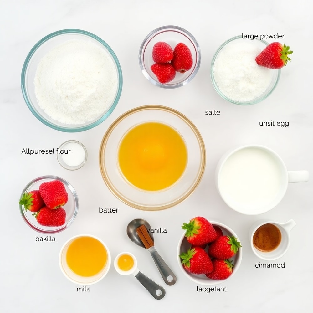 Strawberries, flour, sugar, butter, eggs, baking powder, salt, vanilla extract, milk, and muffin liners on a marble surface