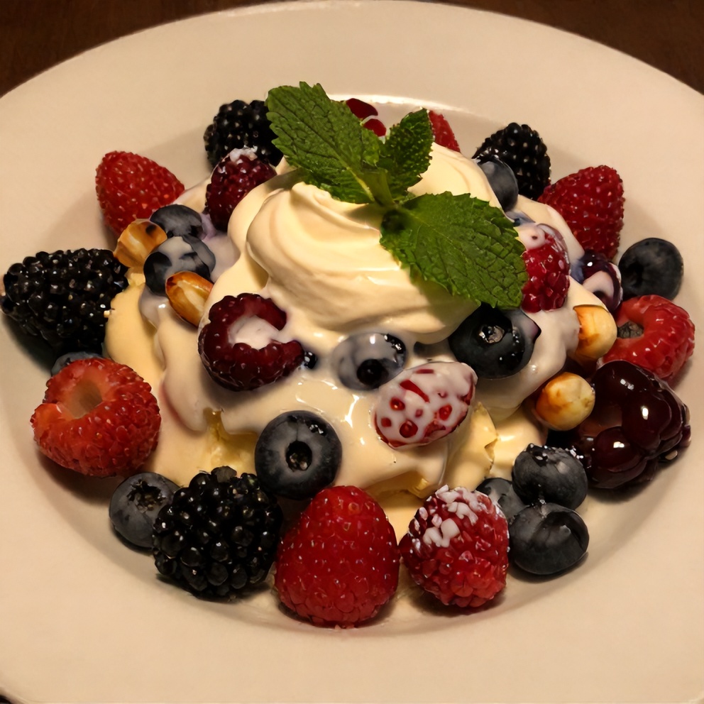 Plated serving of berry cheesecake fruit salad on a white plate