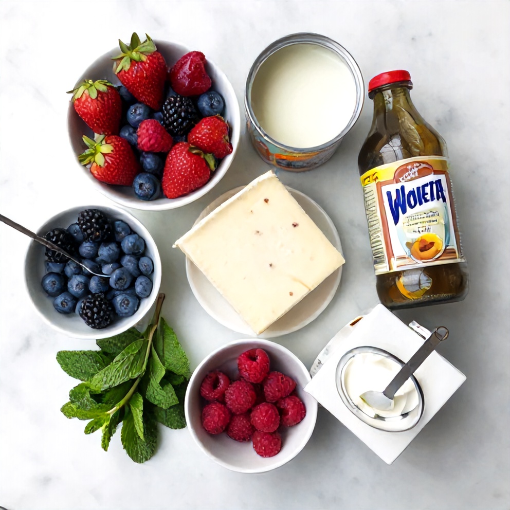 Raw ingredients for berry cheesecake fruit salad on a marble surface