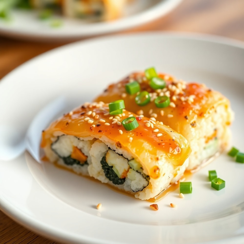 Plated serving of Easy Sushi Bake with green onions and sesame seeds