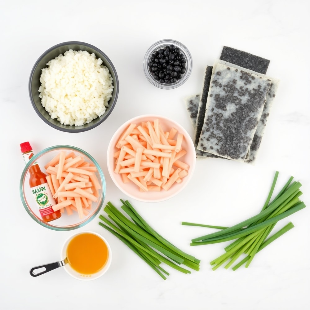 Raw ingredients for Easy Sushi Bake arranged on a white marble surface