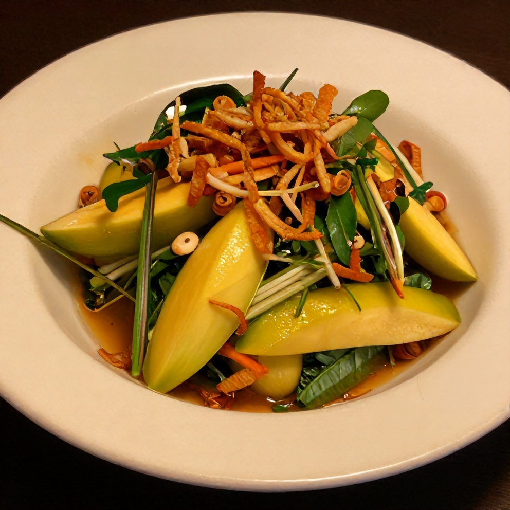 Thai mango salad plated with crispy shallots and fresh herbs