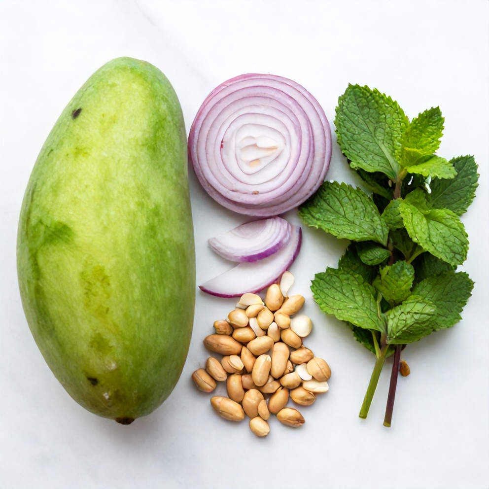 Raw ingredients for Thai mango salad: green mango, shallots, red onion, cilantro, mint, and peanuts