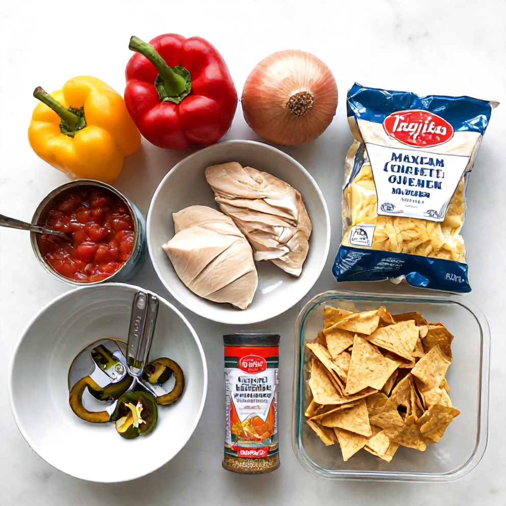 Raw ingredients for Fajita Chicken Casserole including chicken, bell peppers, onions, and spices