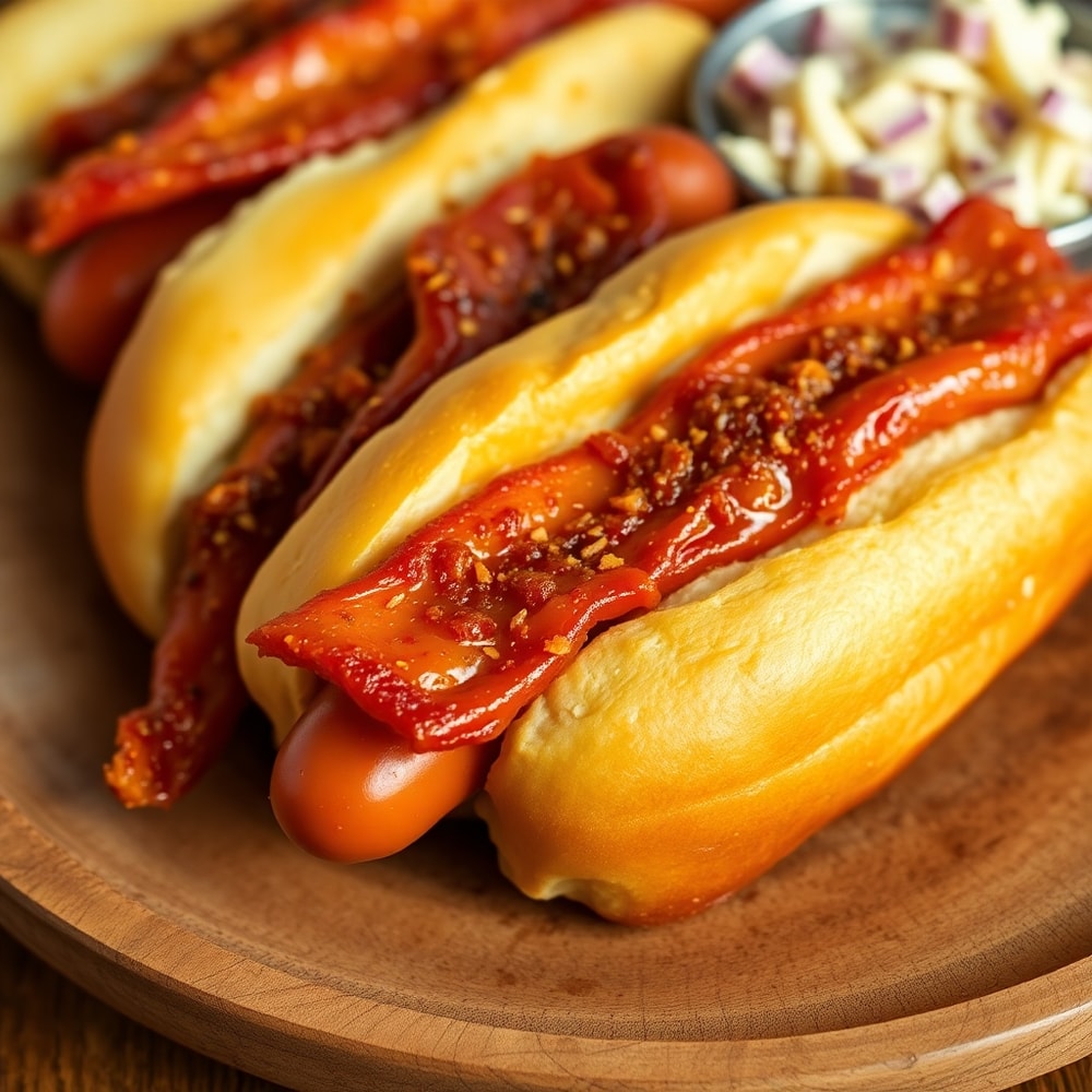 Plated Firecracker Hot Dogs with a side of coleslaw