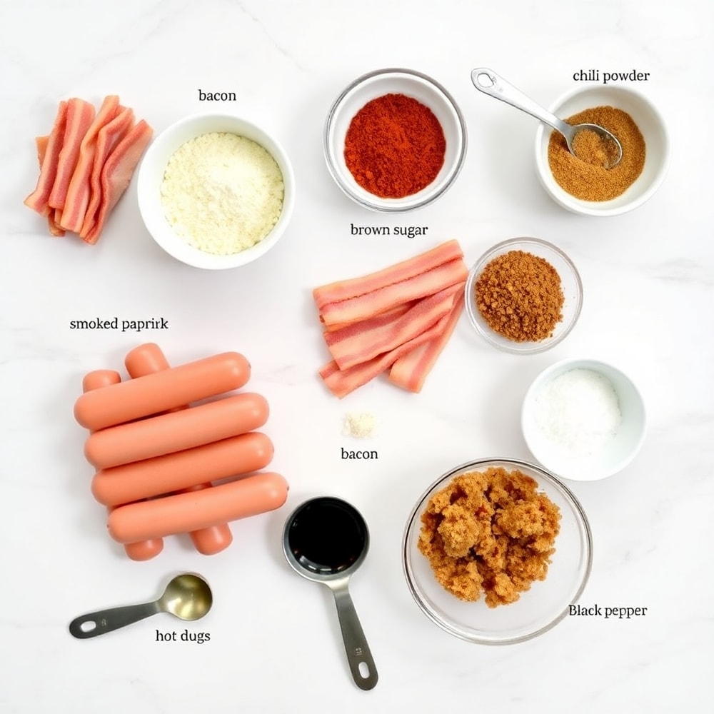 Raw ingredients for Firecracker Hot Dogs including hot dogs, bacon, brown sugar, and spices