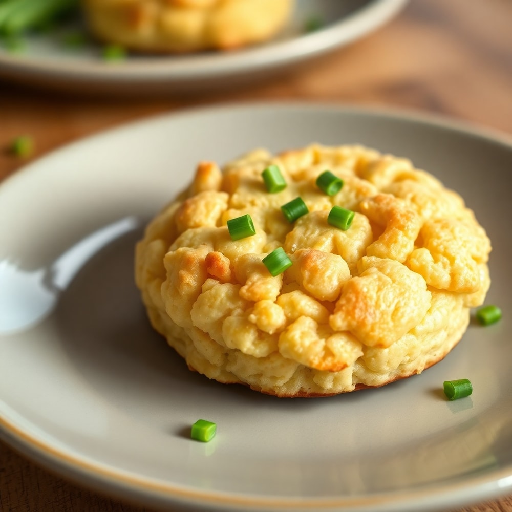 Plated protein biscuits with a side of scrambled eggs