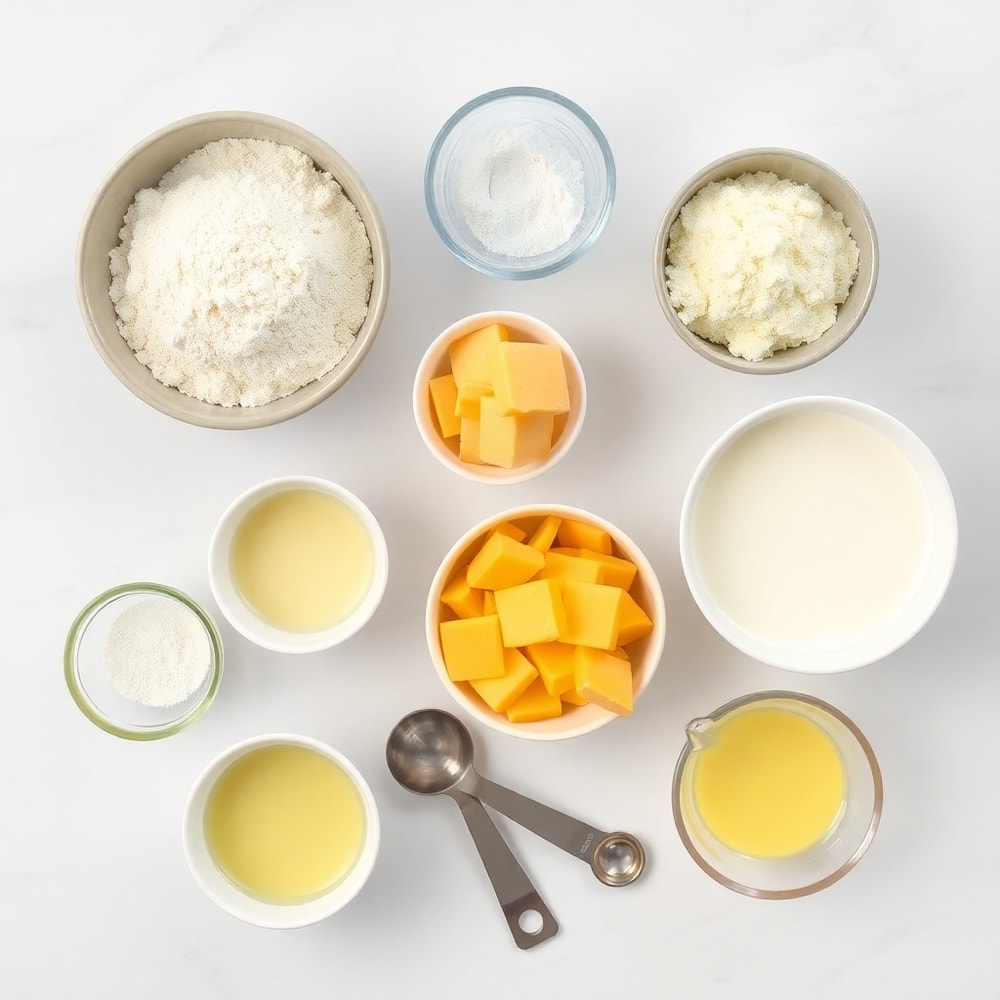 Raw ingredients for protein biscuits: flour, protein powder, baking powder, cheddar cheese, milk, eggs, butter