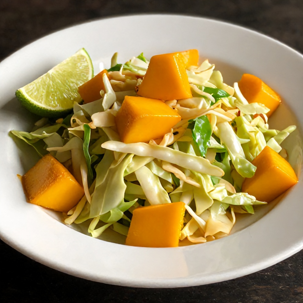 Plated fresh mango slaw with lime wedges
