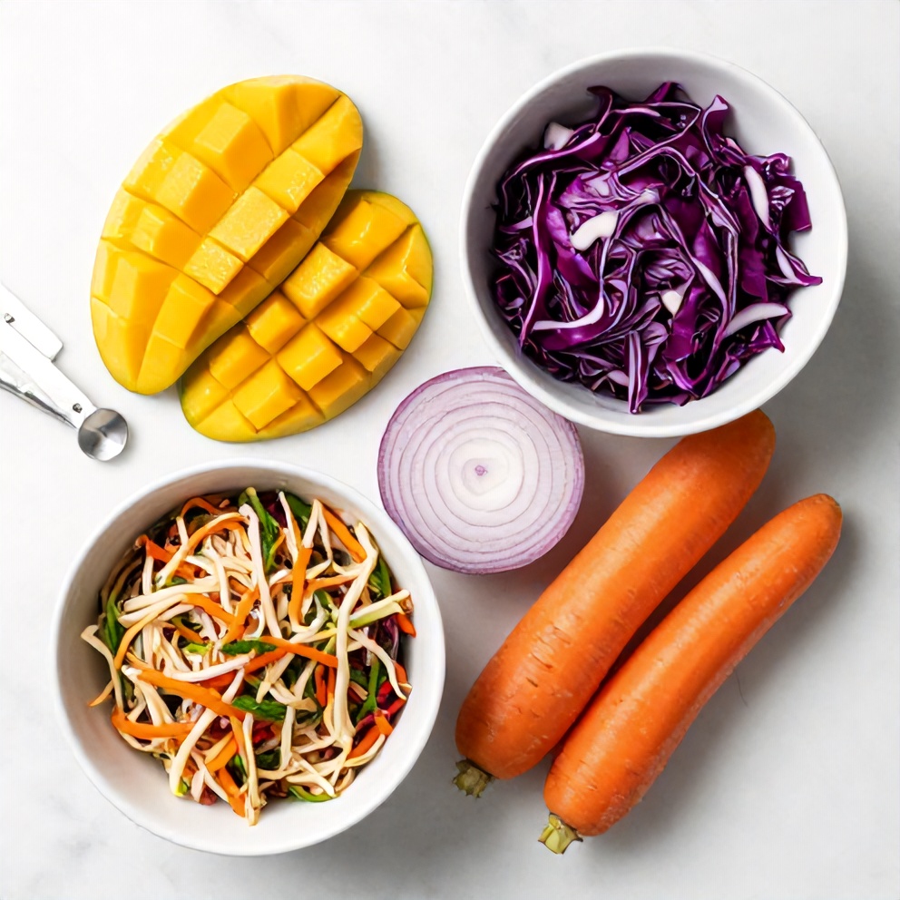 Raw ingredients for fresh mango slaw