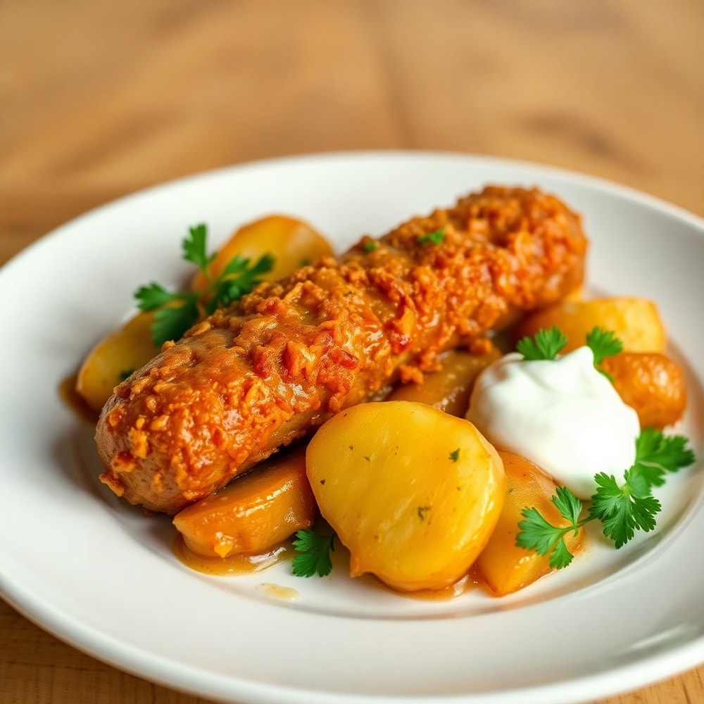 Plated serving of Crispy Polish Sausage and Potatoes on a white plate