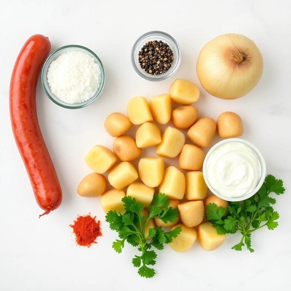 Raw ingredients for Fried Polish Sausage and Potatoes on a white marble surface
