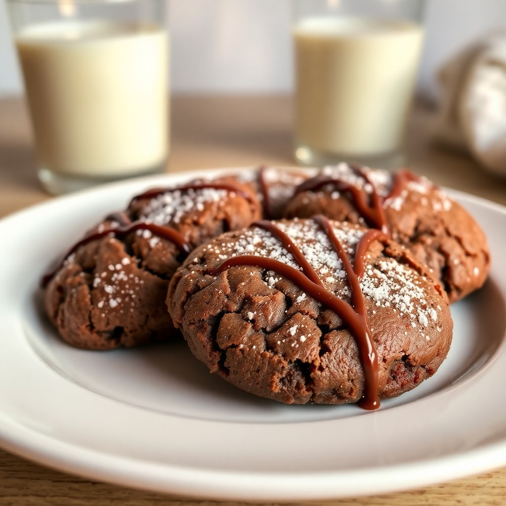Fudgy Chocolate Brownie Cookies on a plate with a glass of milk