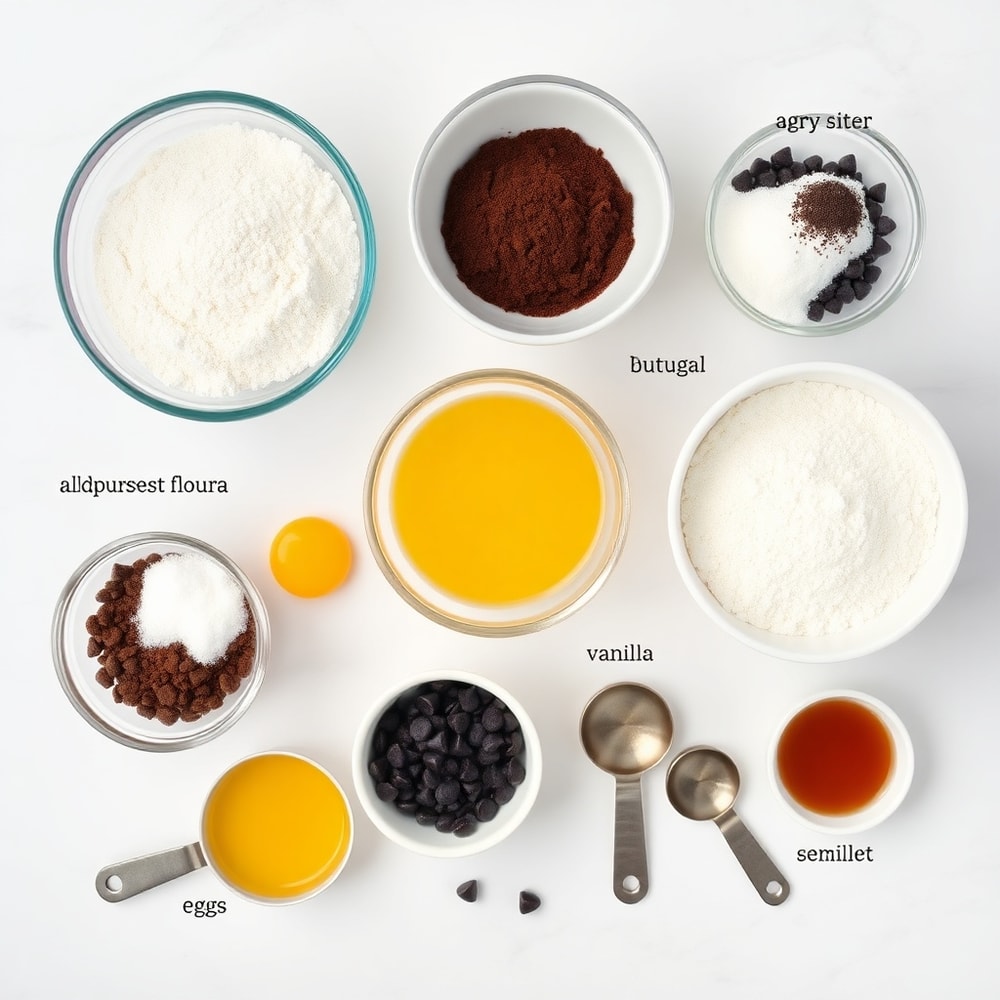 Ingredients for Fudgy Chocolate Brownie Cookies on a marble surface
