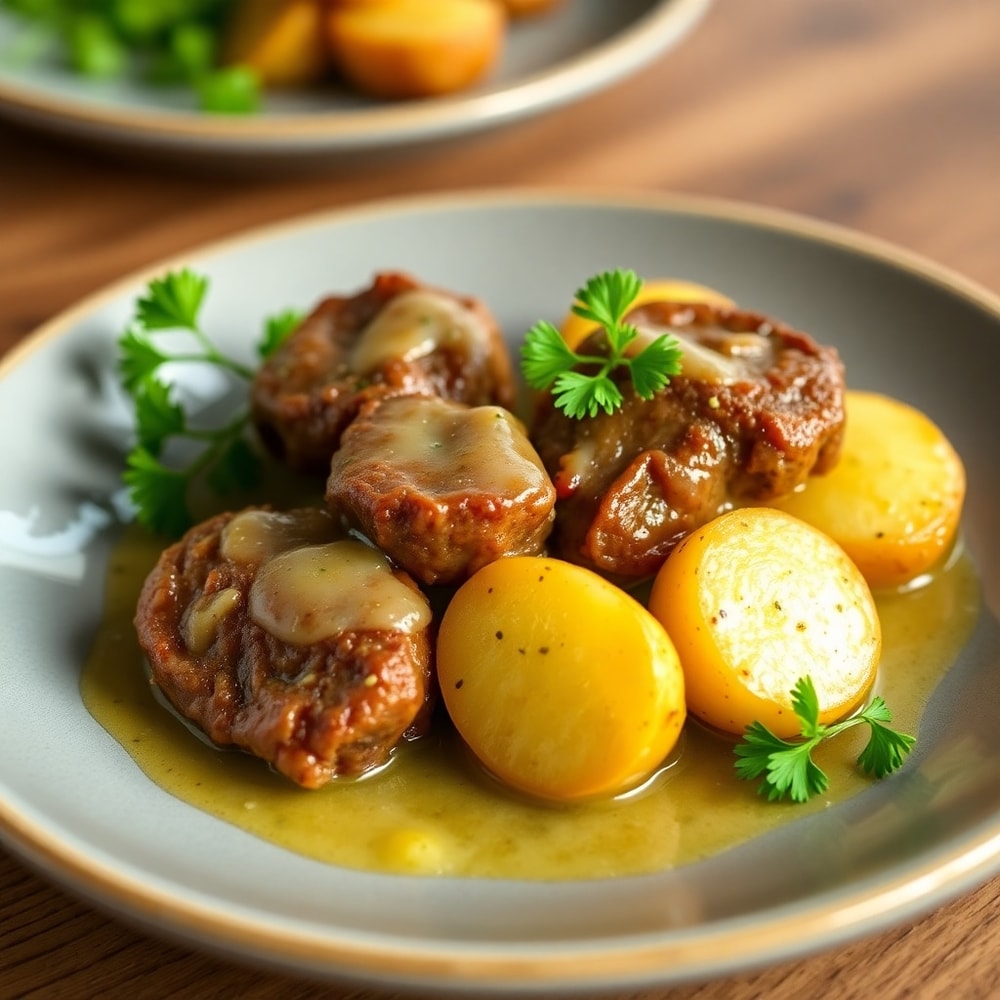 Plated Garlic Butter Steak Bites & Potatoes with fresh parsley
