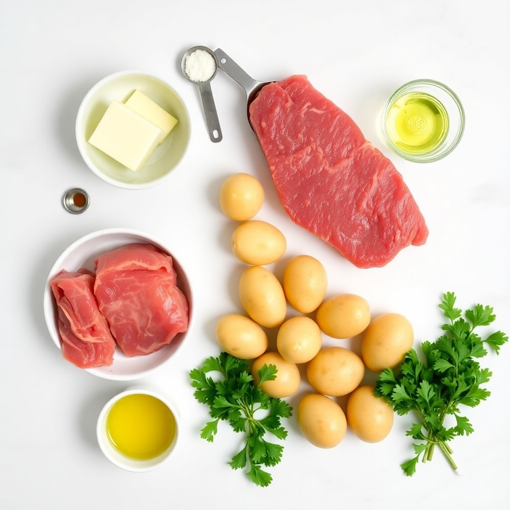 Raw ingredients for Garlic Butter Steak Bites & Potatoes
