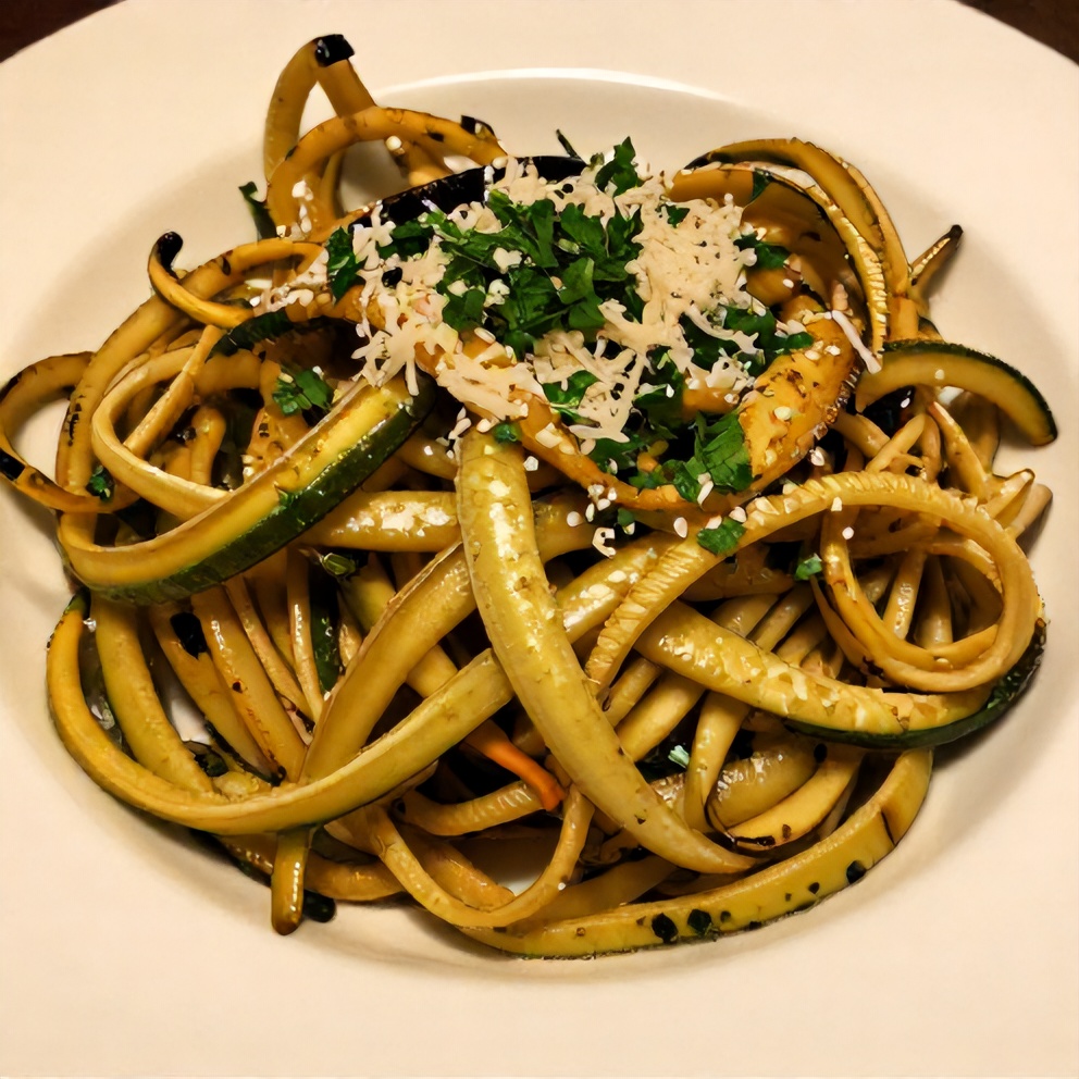 One perfect plated serving of Garlic Butter Zucchini Noodles on a white plate, garnished with fresh parsley