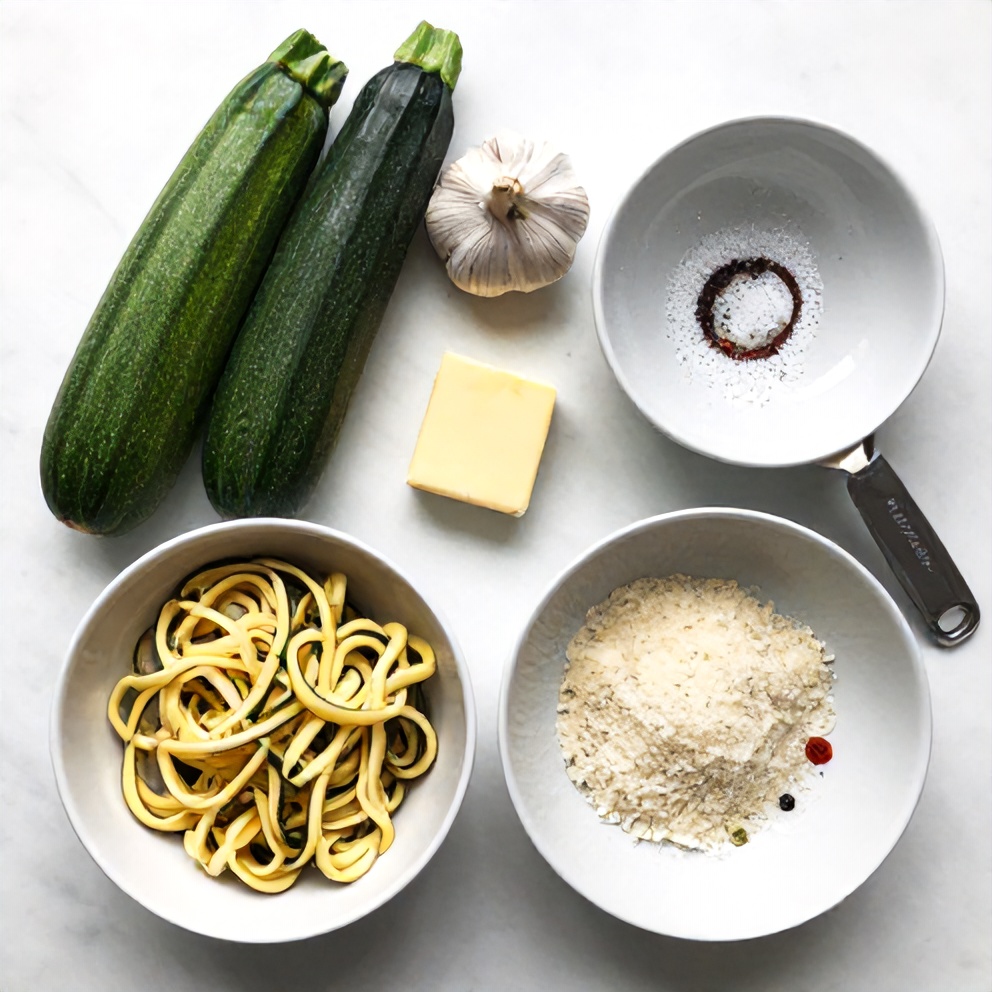 Raw ingredients for Garlic Butter Zucchini Noodles arranged as an overhead flat lay, including zucchini, garlic, butter, and parmesan
