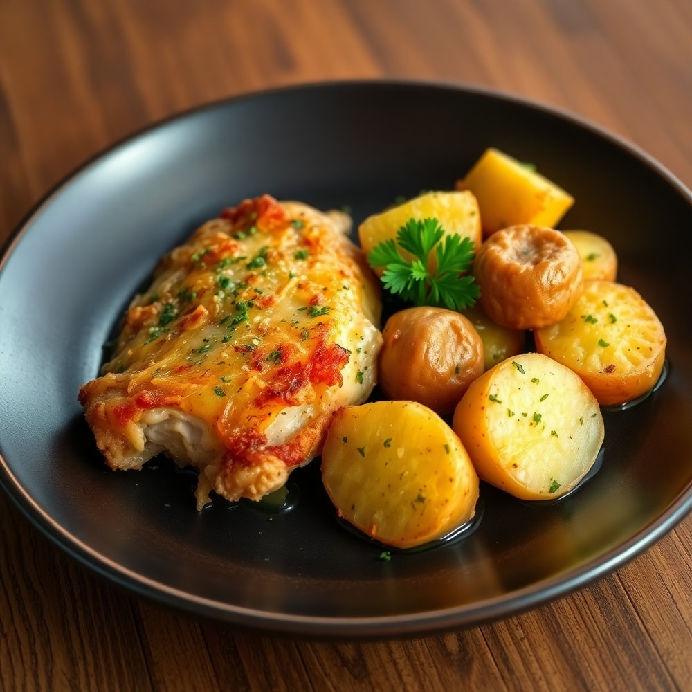 Garlic Parmesan Chicken and Potatoes plated