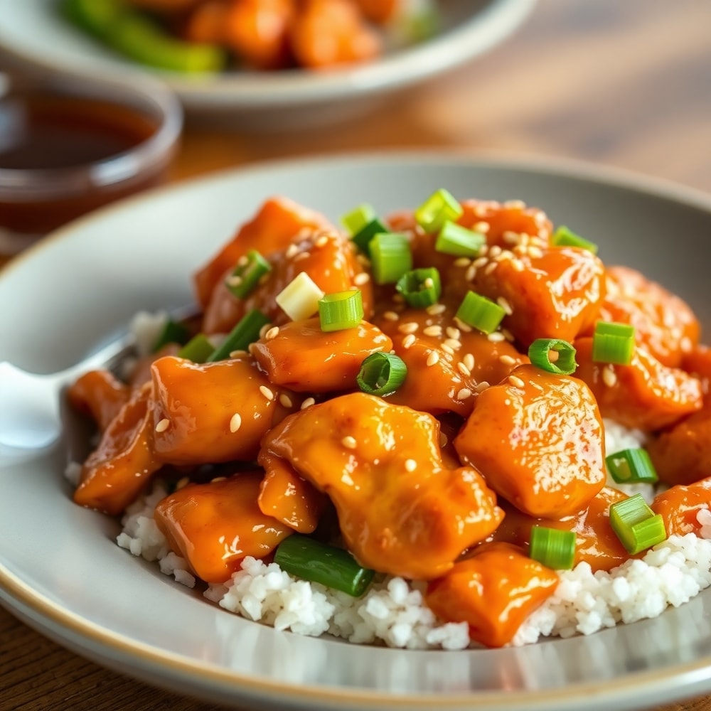 Plated General Tso’s Chicken with green onions and sesame seeds