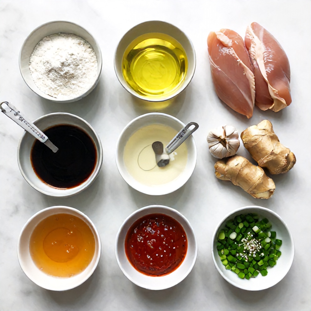 Raw ingredients for General Tso’s Chicken on a marble surface