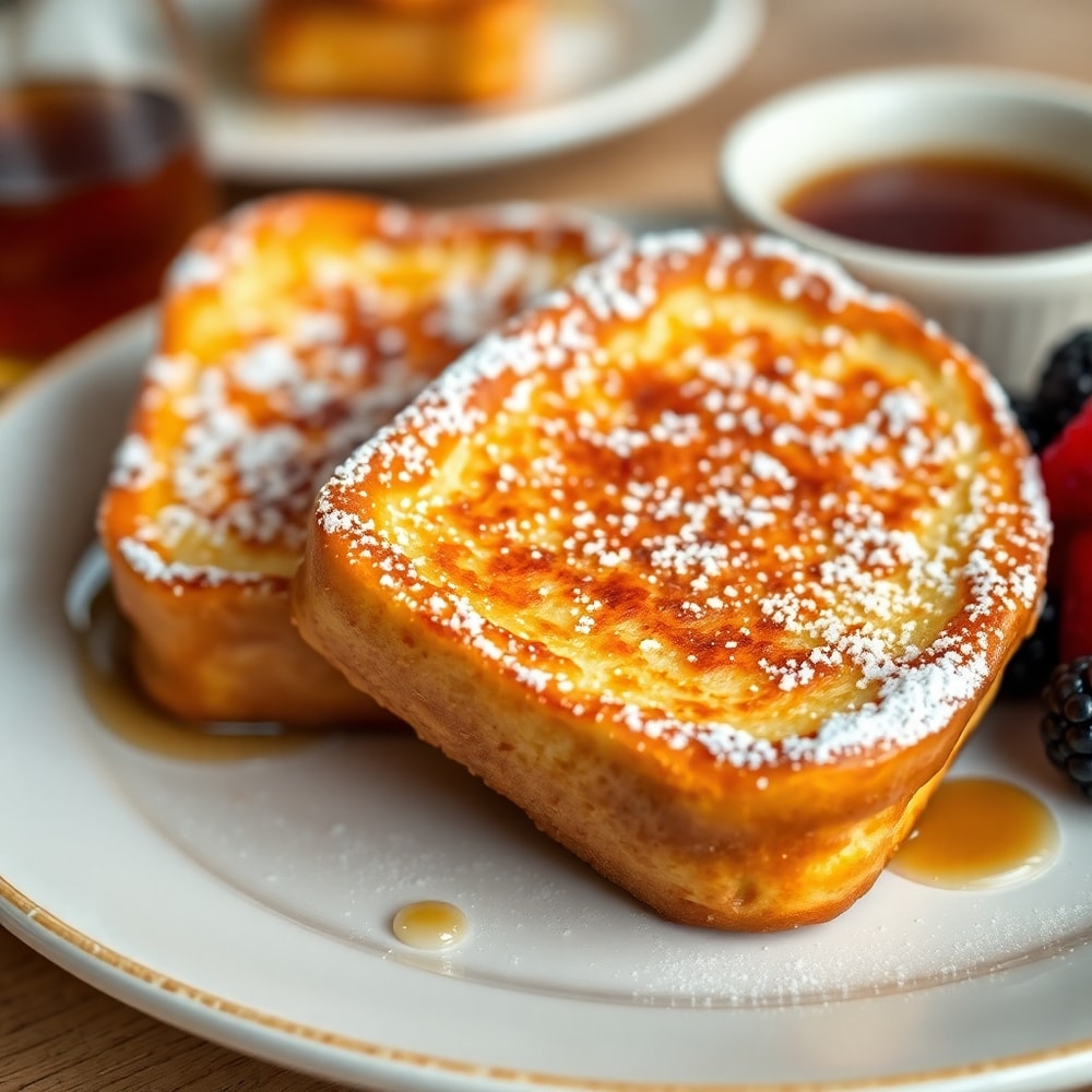 Plated Golden French Toast with a dusting of powdered sugar and a side of maple syrup